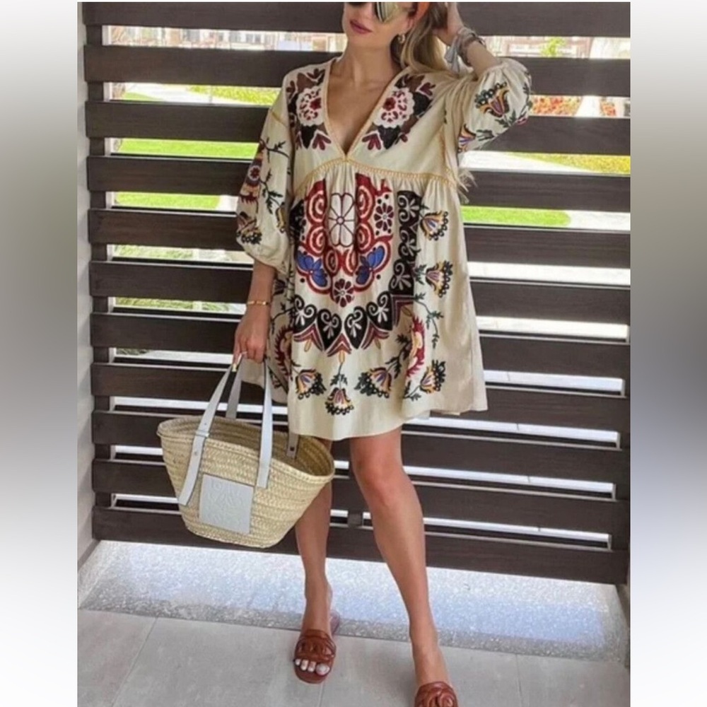 Zara Large Embroidered Romy Bloggers Favourite V Neck Dress.